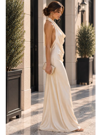 σατέν μάξι φόρεμα halter με ανοιχτή πλάτη – μπεζ | dress up σε προσφορά