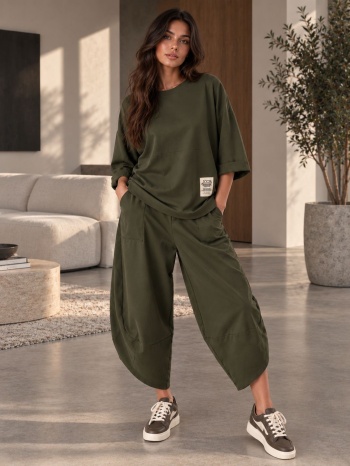 γυναικείο σετ oversized μπλούζα & παντελόνι balloon – χακί σε προσφορά