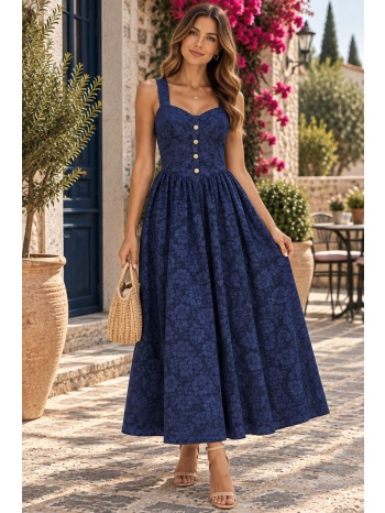 γυναικείο floral midi φόρεμα με τιράντες & κουμπιά – μπλε | σε προσφορά