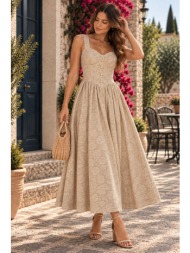 γυναικείο floral midi φόρεμα με τιράντες & κουμπιά – μπεζ | dress up μπεζ