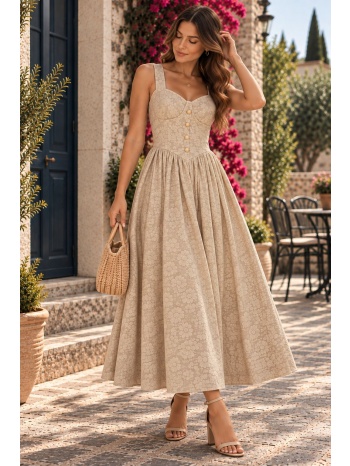 γυναικείο floral midi φόρεμα με τιράντες & κουμπιά – μπεζ | σε προσφορά