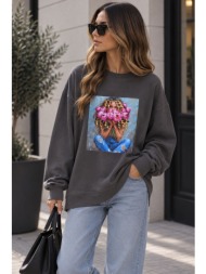γυναικεία φούτερ μπλούζα με floral print - γκρι | dress up γκρι
