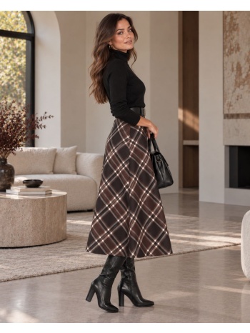 καρό midi φούστα με αέρινη γραμμή - καφέ | dress up καφέ σε προσφορά