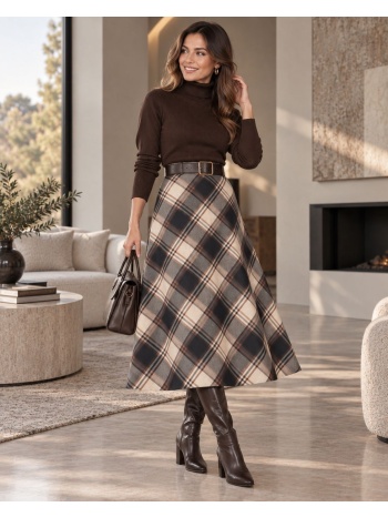 καρό midi φούστα με αέρινη γραμμή - μπεζ | dress up μπεζ σε προσφορά