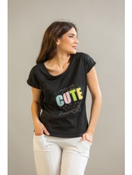 γυναικεία μπλούζα t-shirt με στάμπα “cute” και στρας | dress up μαύρο