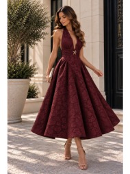 φόρεμα με halter λαιμόκοψη, ανάγλυφο floral σχέδιο – μπορντό | dress up μπορντό