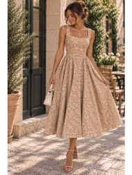 midi φόρεμα με τετράγωνη λαιμόκοψη & ανάγλυφο floral σχέδιο – μπεζ | dress up μπεζ