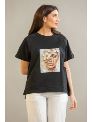γυναικεία μπλούζα με καλλιτεχνικό print και χρυσές λεπτομέρειες – άνετη γραμμή κοντομάνικη | dress u
