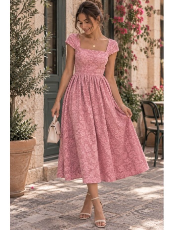 αέρινο midi φόρεμα με floral ανάγλυφο σχέδιο & τετράγωνο σε προσφορά