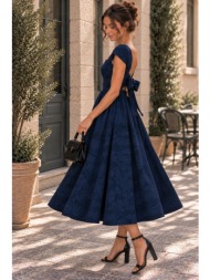αέρινο midi φόρεμα με floral ανάγλυφο σχέδιο & τετράγωνο ντεκολτέ – μπλε | dress up μπλε