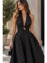 φόρεμα με halter λαιμόκοψη, ανάγλυφο floral σχέδιο – μαύρο | dress up μαύρο