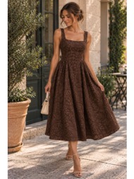 midi φόρεμα με τετράγωνη λαιμόκοψη & ανάγλυφο floral σχέδιο – καφέ | dress up καφέ