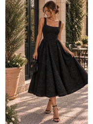 midi φόρεμα με τετράγωνη λαιμόκοψη & ανάγλυφο floral σχέδιο – μαύρο | dress up μαύρο