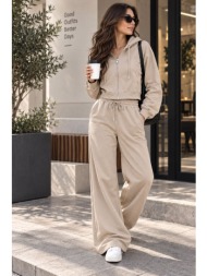 σετ φούτερ με κοντή ζακέτα και παντελόνι wide leg – μπεζ | dress up μπεζ