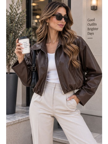 γυναικείο jacket δερματίνη με λάστιχο στη μέση - καφέ | σε προσφορά
