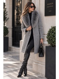 παλτό με ανάγλυφη υφή & γούνινο γιακά - γκρι | dress up γκρι