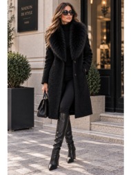 παλτό με ανάγλυφη υφή & γούνινο γιακά - μαύρο | dress up μαύρο