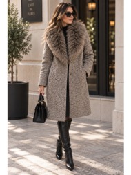παλτό με ανάγλυφη υφή & γούνινο γιακά - μπεζ | dress up μπεζ