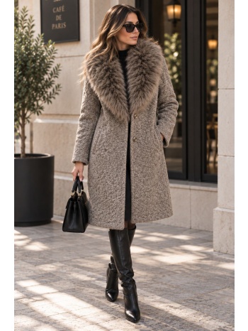 παλτό με ανάγλυφη υφή & γούνινο γιακά - μπεζ | dress up μπεζ σε προσφορά