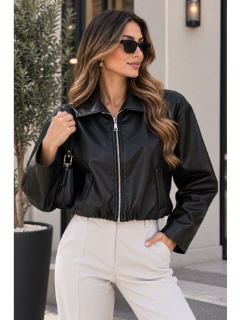 γυναικείο jacket δερματίνη με λάστιχο στη μέση - μαύρο | σε προσφορά