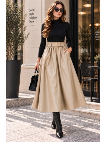 γυναικεία midi φούστα δερματίνη με ζώνη - μπεζ | dress up σε προσφορά