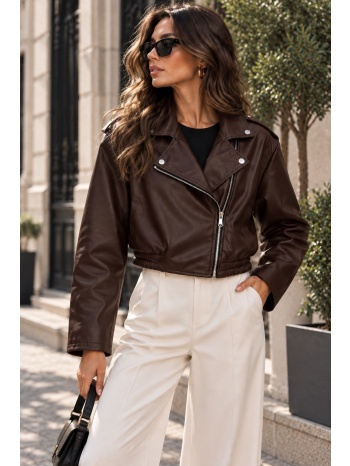 δερματίνη κοντό biker jacket με λάστιχο στη μέση - καφέ | σε προσφορά