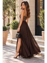 γυναικείο μακρύ φόρεμα με animal print τοπ και αέρινη φούστα – καφέ | dress up καφέ