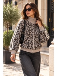 γυναικεία πλεκτή ζακέτα animal print με φερμουάρ & ρίγες στα μανίκια - μπεζ | dress up μπεζ