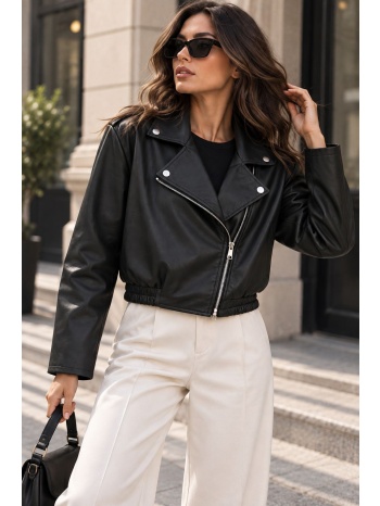 δερματίνη κοντό biker jacket με λάστιχο στη μέση - μαύρο | σε προσφορά