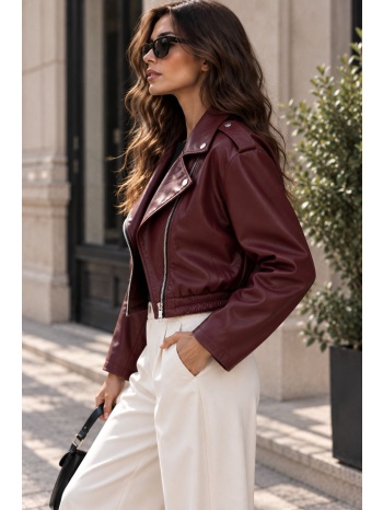 δερματίνη κοντό biker jacket με λάστιχο στη μέση - μπορντό σε προσφορά