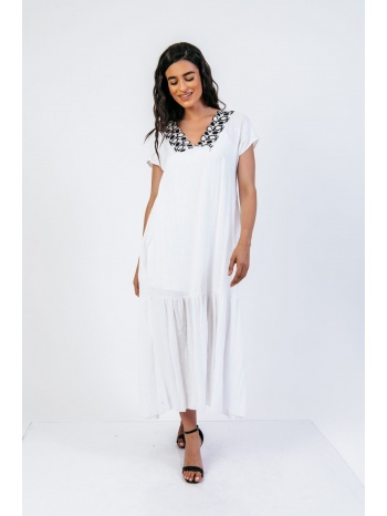 φορεμα μακρυ με v κεντητες λεπτομερειες άσπρο