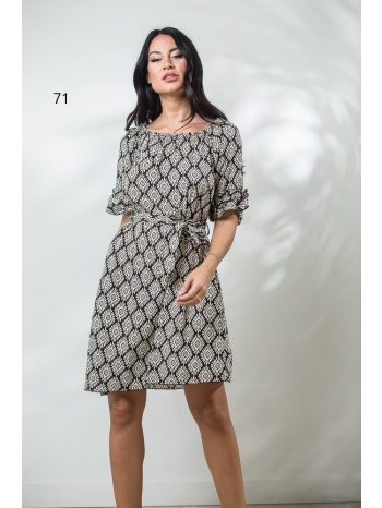 φορεμα εμπριμε με λαστιχα και ζωνη με διπλο βολαν εμπριμέ