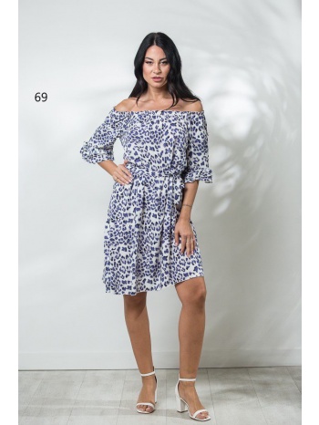 φορεμα εμπριμε με λαστιχα και ζωνη με διπλο βολαν άσπρο