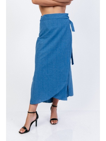 φουστα λινη κρουαζε με δεσιμο μπλε