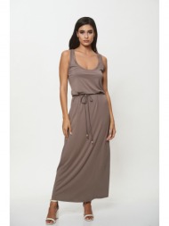 φορεμα μακρυ με ζωνη λαδί