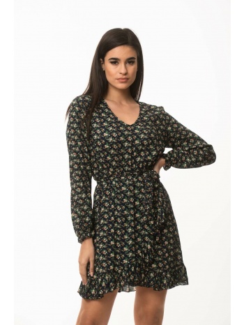 φορεμα εμπριμε με βολαν και ζωνη εμπριμέ μαύρο