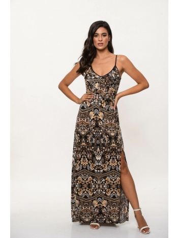 φορεμα μακρυ με τιραντα εμπριμε εμπριμέ μαύρο σε προσφορά