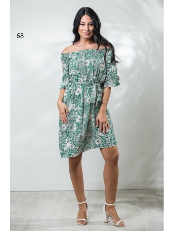 φορεμα εμπριμε με λαστιχα και ζωνη με διπλο βολαν πράσινο