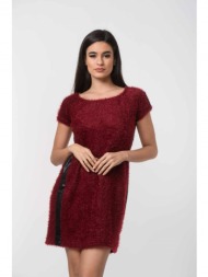 φορεμα μπορντο με δερματινη φασα και κουμπια μπορντό