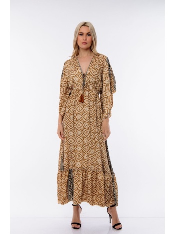 φορεμα μακρυ εμπριμε με λαστιχο στην μεση μπεζ σε προσφορά