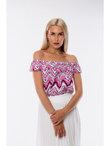 μπλουζα εμπριμε με λαστιχα και βολαν φούξια σε προσφορά