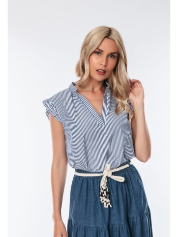 μπλουζα ριγε με βολαν μανικι μπλε σε προσφορά