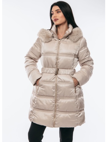 μπουφαν μακρυ με κουκουλα που αφαιρειται και ζωνη μπεζ σε προσφορά