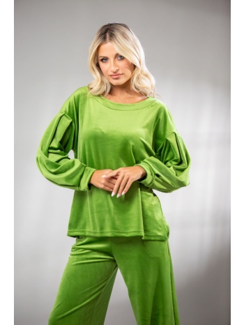 μπλουζα με πιετες στα μανικια βελουδο πετρόλ σε προσφορά