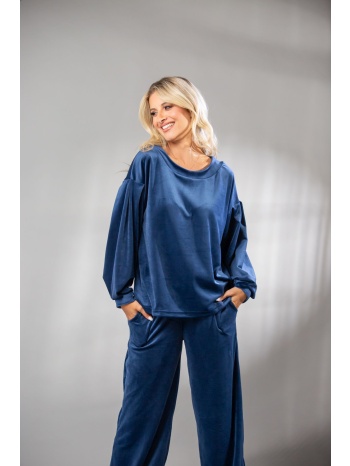 μπλουζα με πιετες στα μανικια βελουδο μπλε σε προσφορά