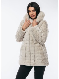 μπουφαν γουνινο με κουκουλα και κορδονι μαυρο μαύρο