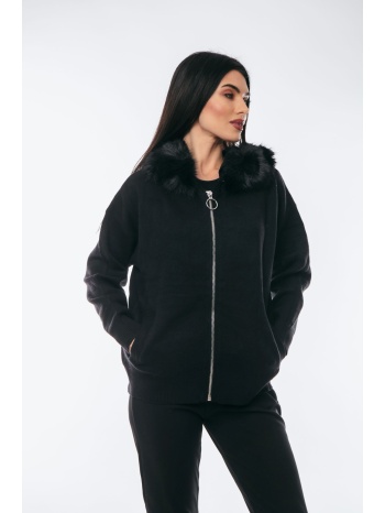 ζακετα με φερμουαρ και γουνινο γιακα μαύρο σε προσφορά