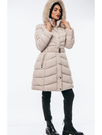 μπουφαν μακρυ με κουκουλα που αφαιρειται και ζωνη μπεζ σε προσφορά