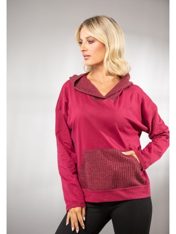 μπλουζα με κουκουλα και τσεπη ριπ μπορντό σε προσφορά