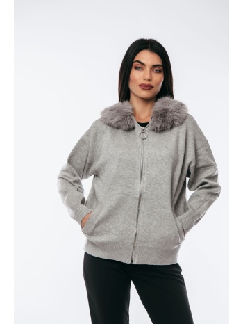 ζακετα με φερμουαρ και γουνινο γιακα γκρι σε προσφορά